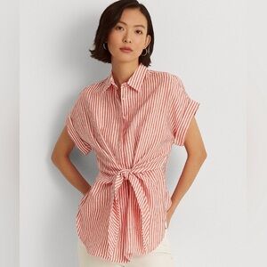 Lauren Ralph Lauren Linen Striped Short Sleeve Shirt Waist Tie Knot Women’s M